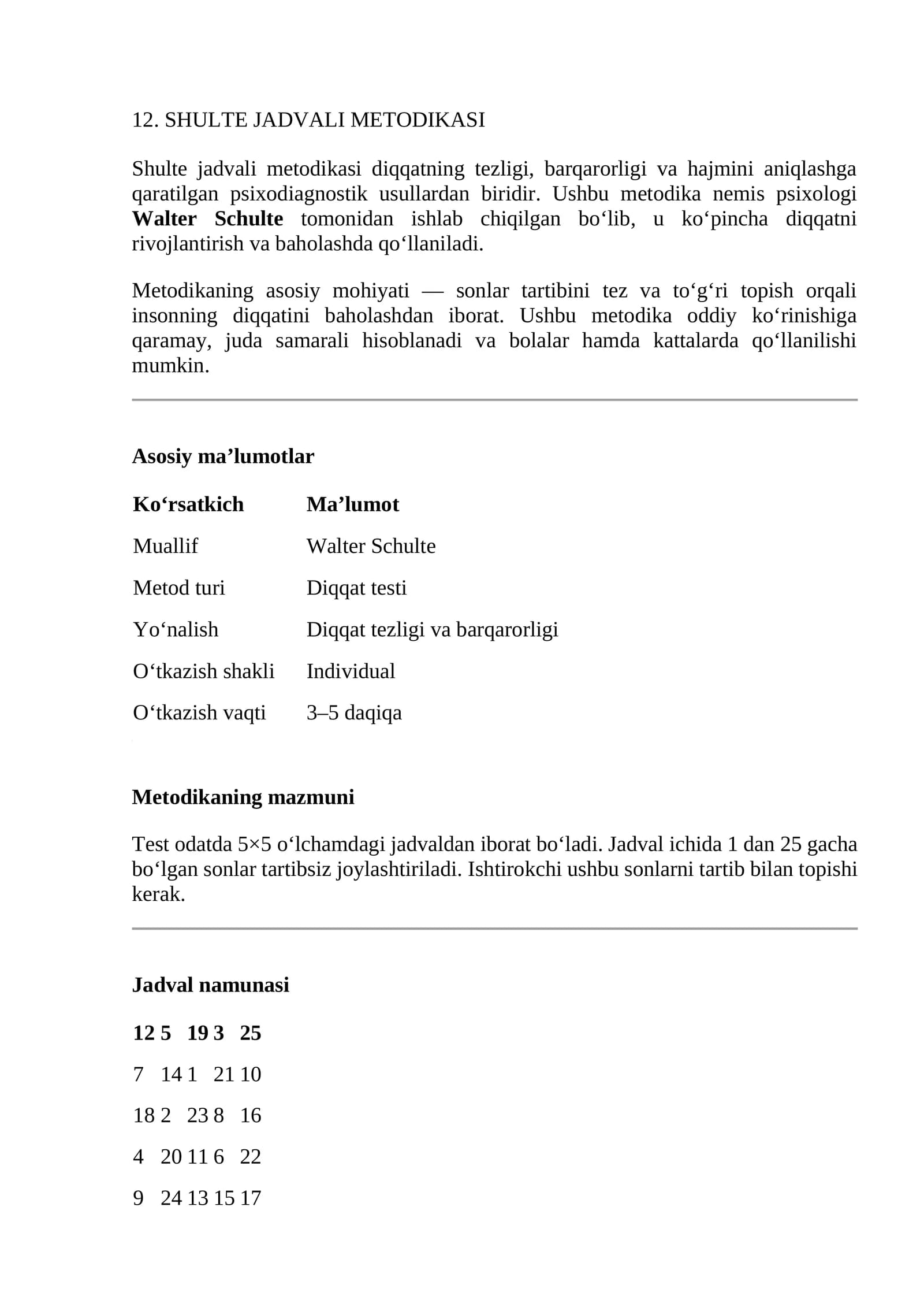 SHULTE JADVALI METODIKASI