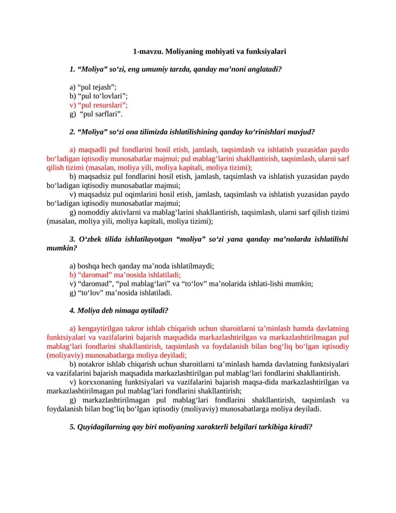 1-mavzu. Moliyaning mohiyati va funksiyalari