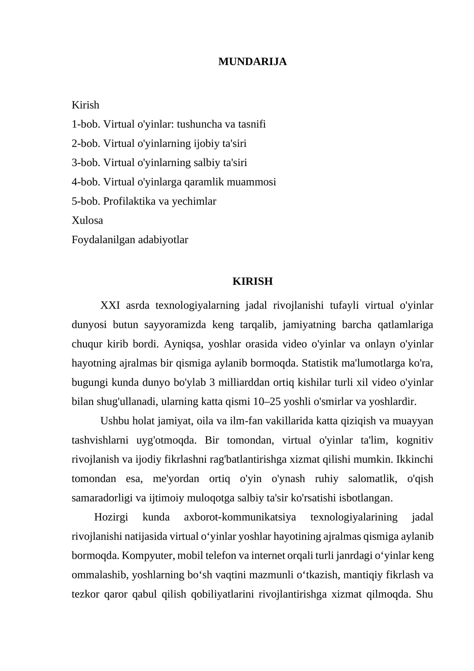 VIRTUAL O'YINLAR: TUSHUNCHA VA TASNIFI