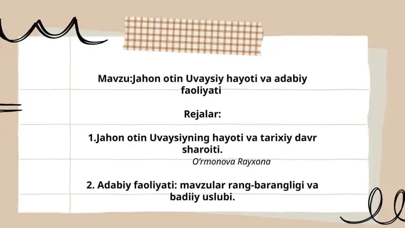 Jahon otin Uvaysiy hayoti va adabiy faoliyati