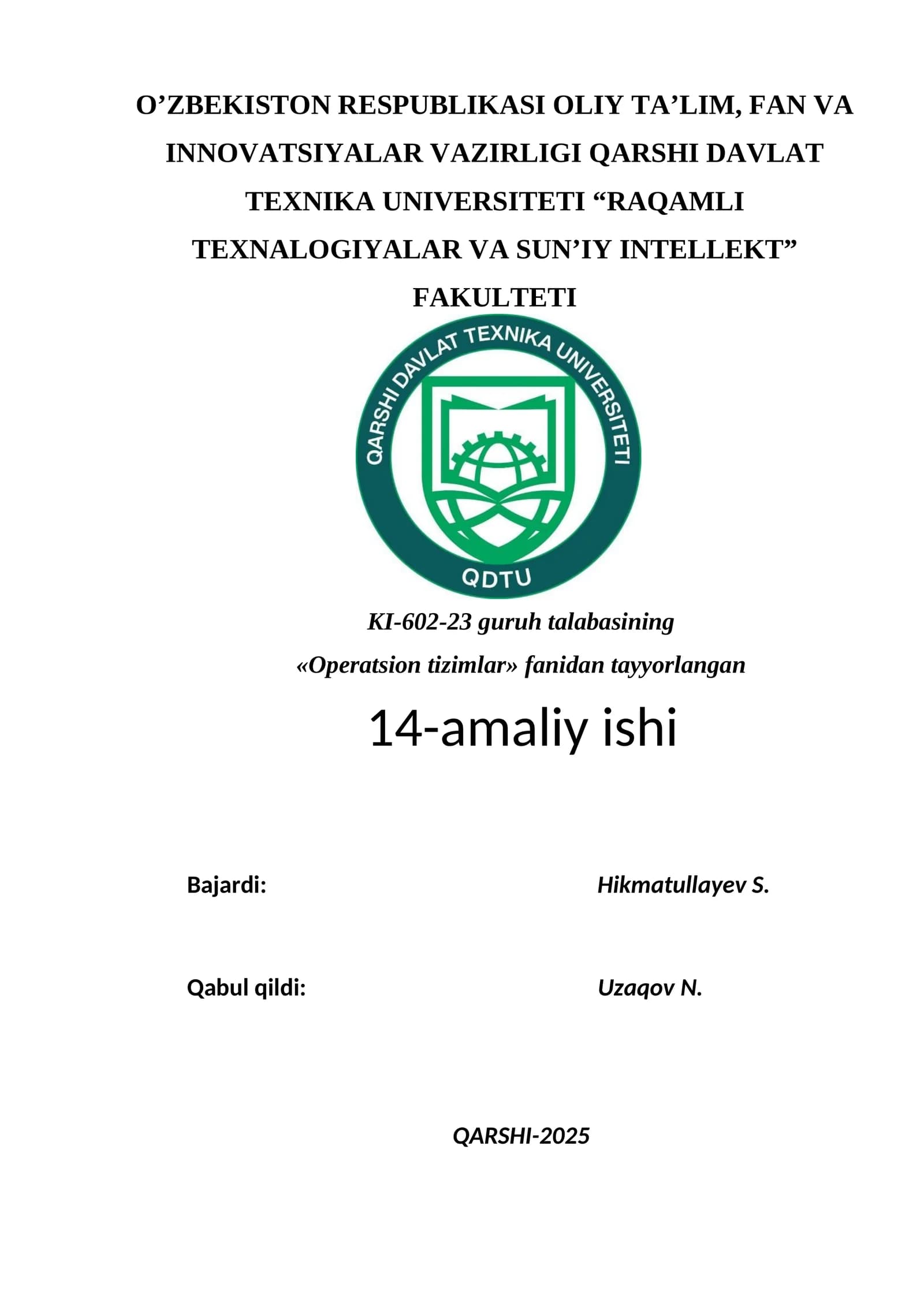 Operatsion tizimlar fanidan amaliy ishlar