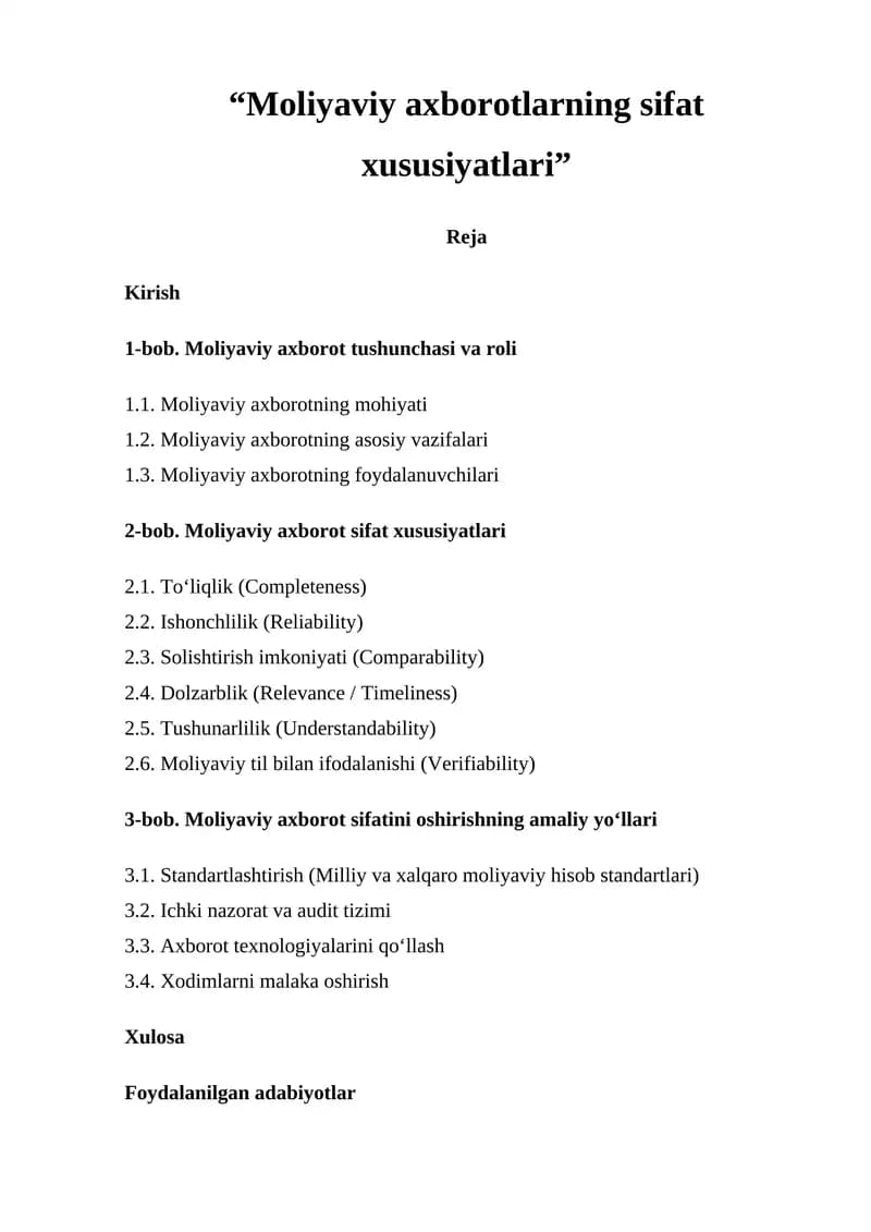 Moliyaviy axborotlarning sifat xususiyatlari