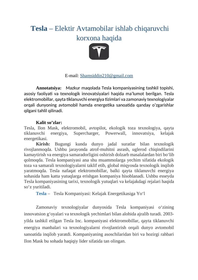 Tesla Elektir Avtomobilar