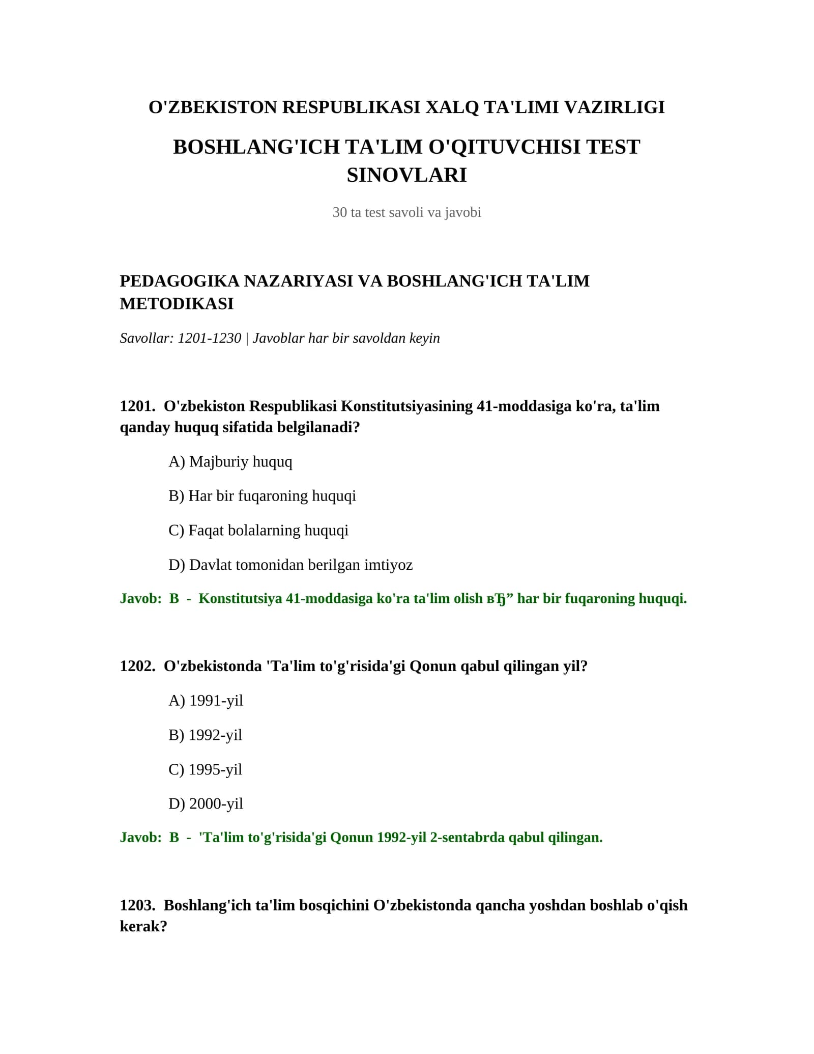 BOSHLANG'ICH TA'LIM O'QITUVCHISI TEST SINOVLARI
