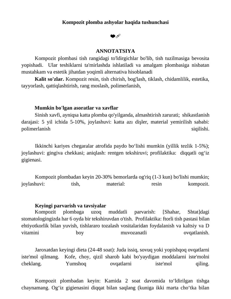 Kompozit plomba ashyolar haqida tushunchasi
