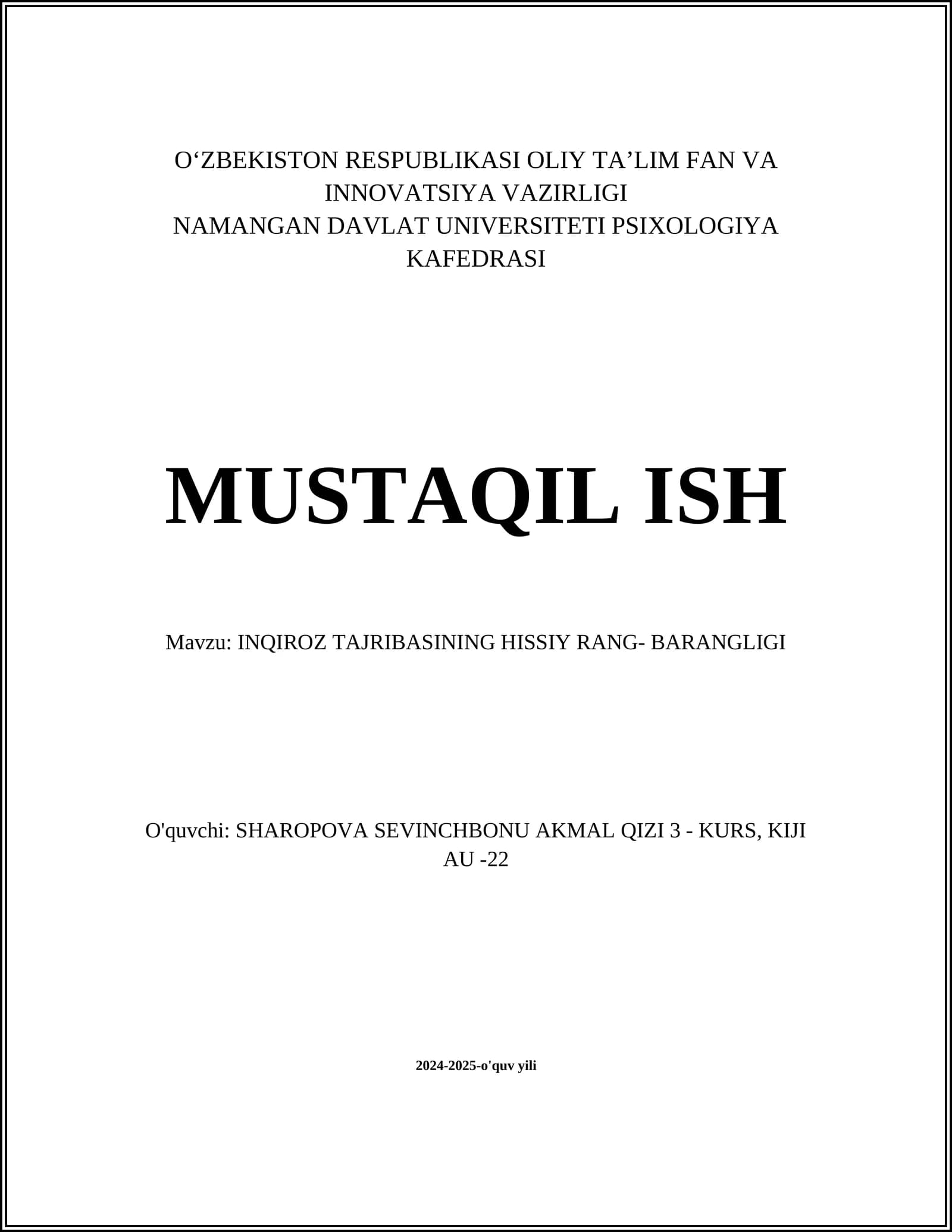 INQIROZ TAJRIBASINING HISSIY RANG- BARANGLIGI