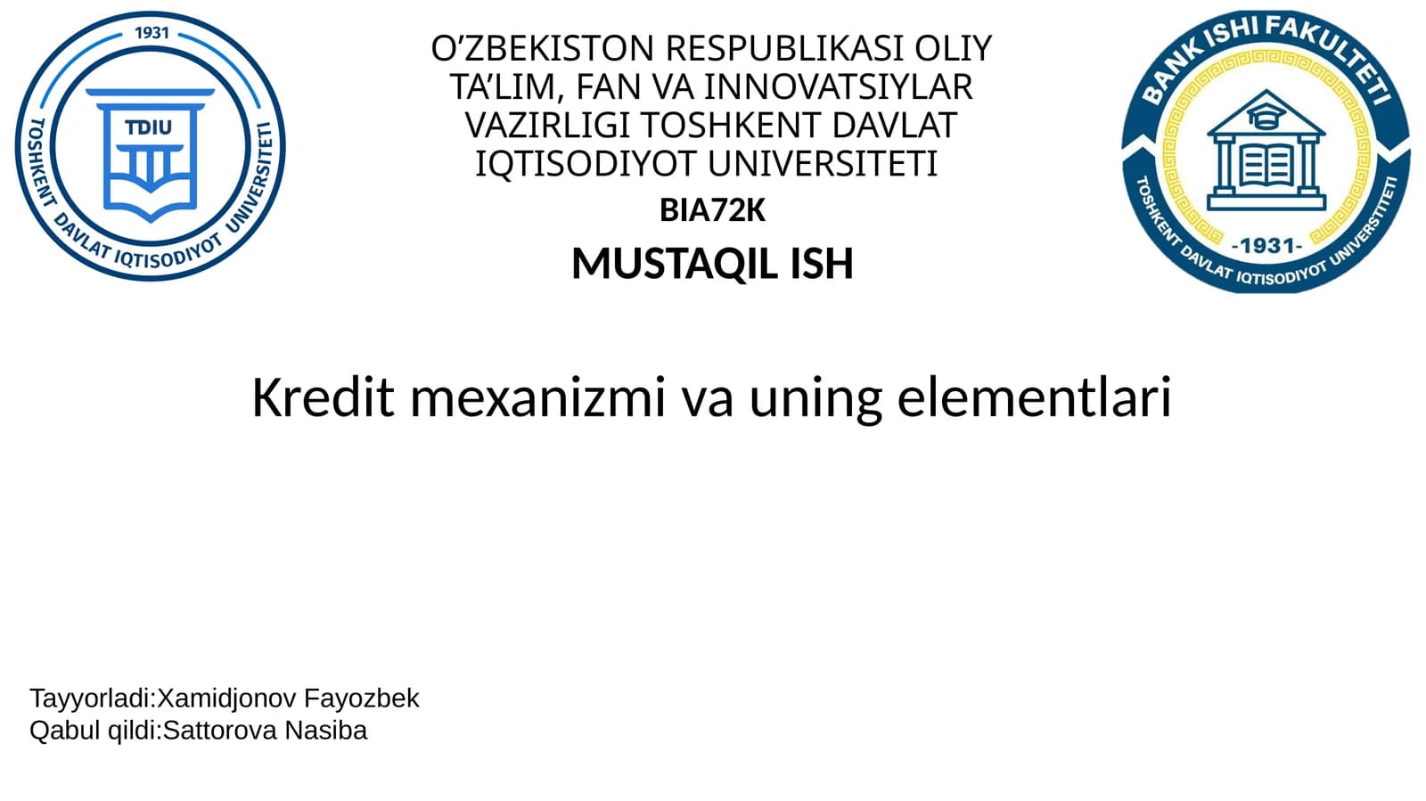 Kredit mexanizmi va uning elementlari
