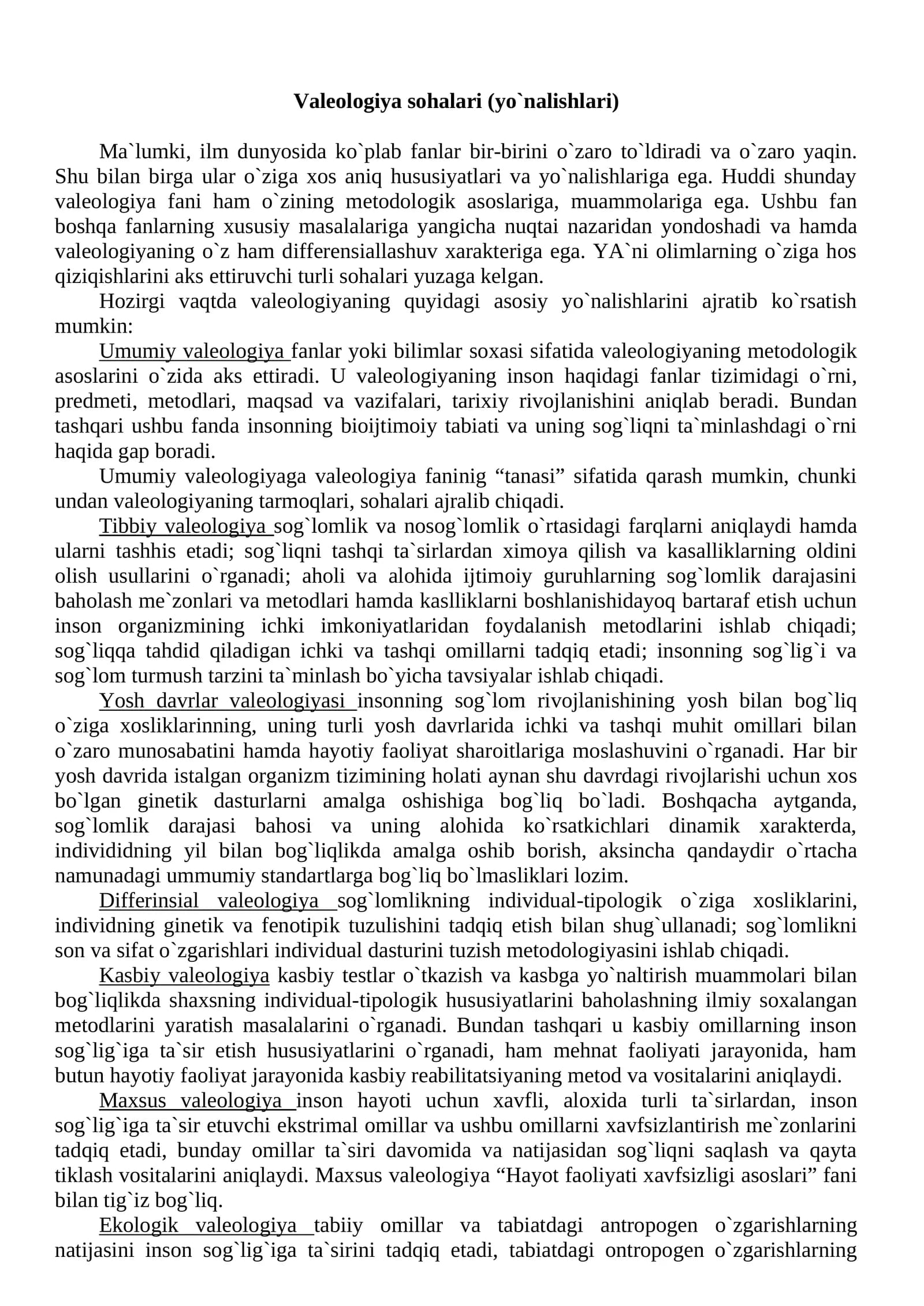 Valeologiya sohalari (yo`nalishlari)
