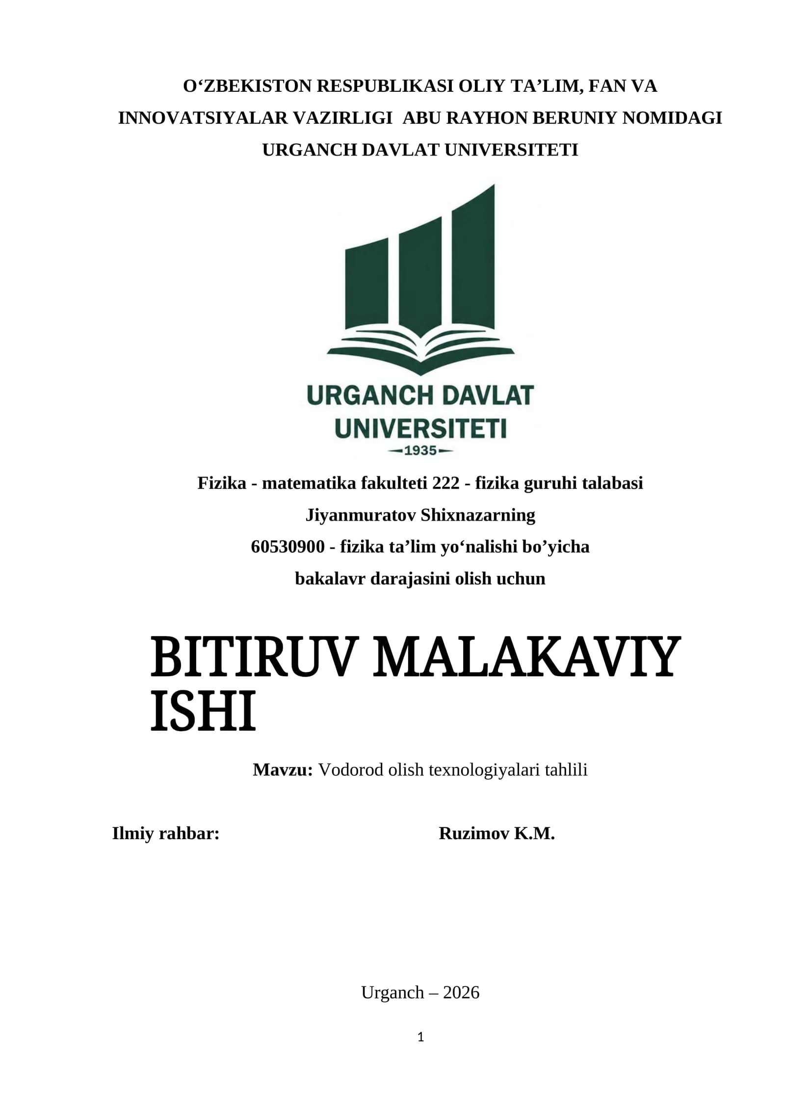Vodorod olish texnologiyalari tahlili
