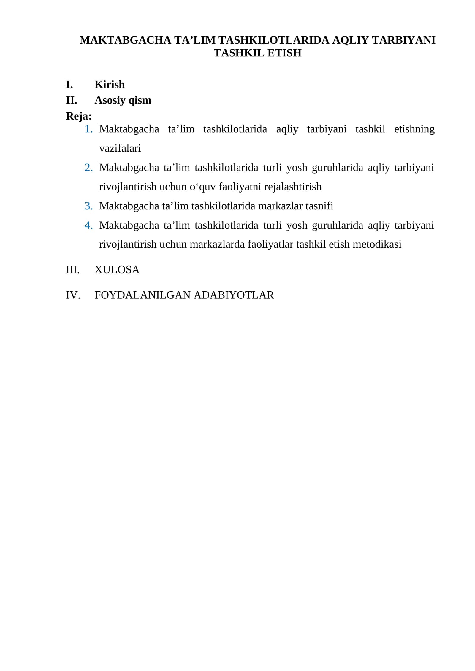 MAKTABGACHA TA’LIM TASHKILOTLARIDA AQLIY TARBIYANI TASHKIL ETISH