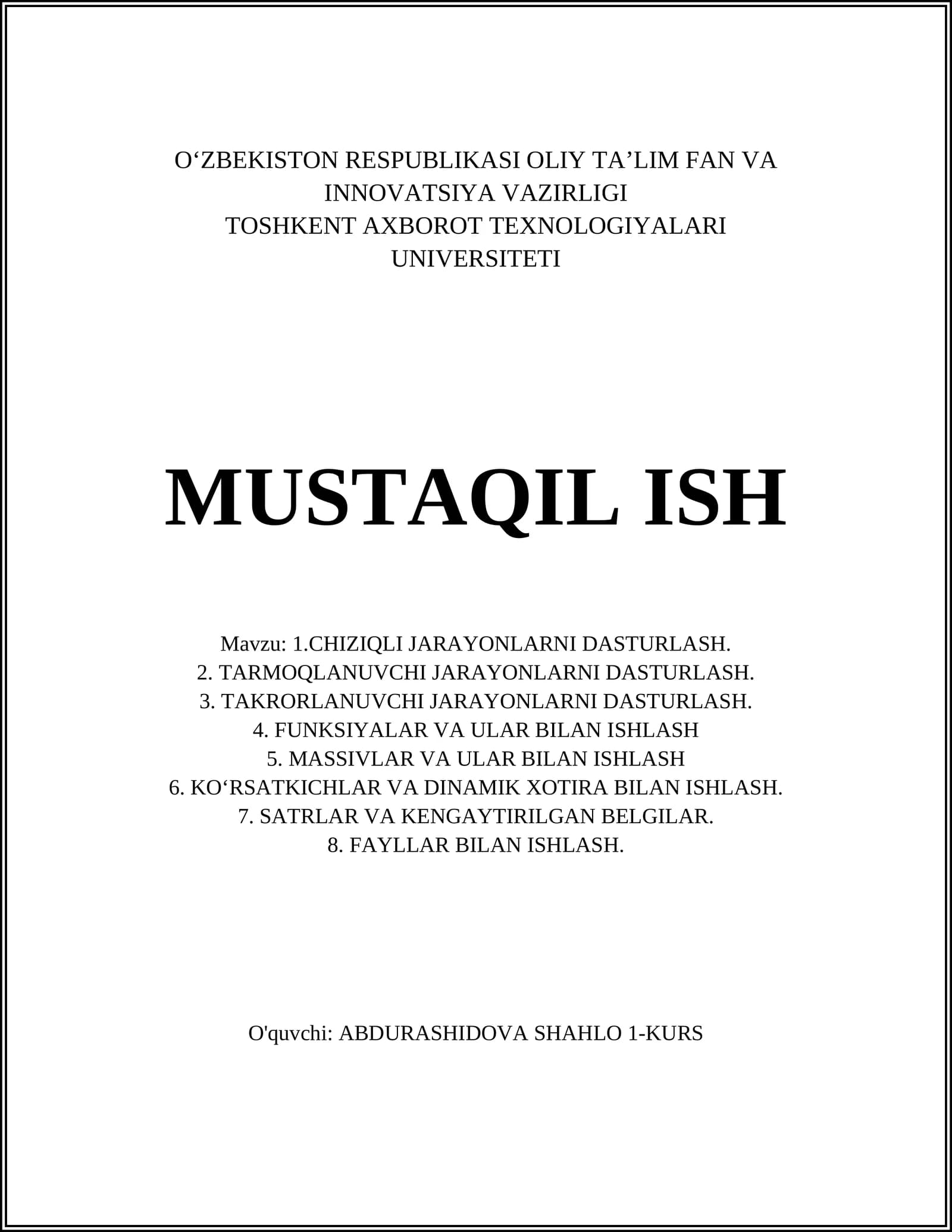 CHIZIQLI JARAYONLARNI DASTURLASH