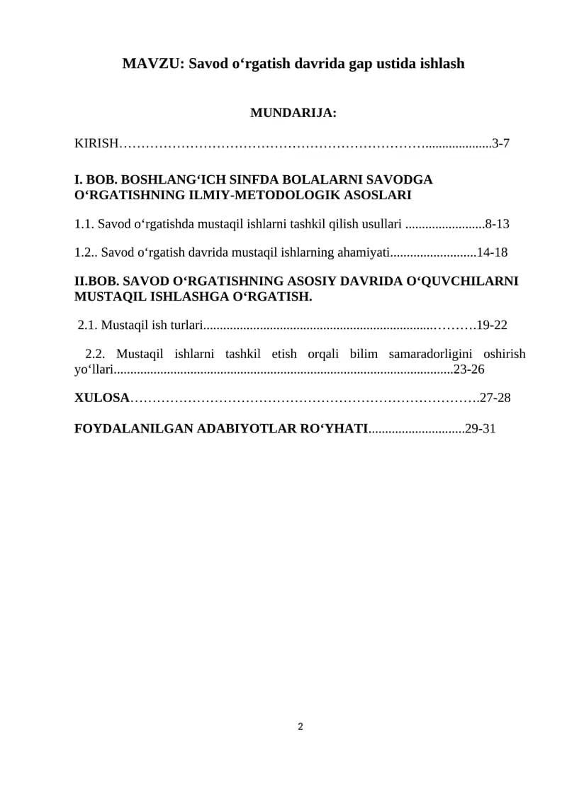 Savod oʻrgatish davrida gap ustida ishlash