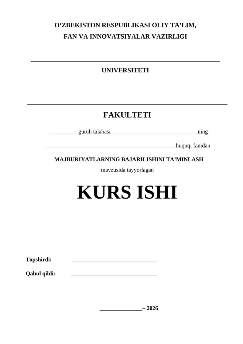 Majburiyatlarni bajarilishini ta'minlash  KURS ISHI