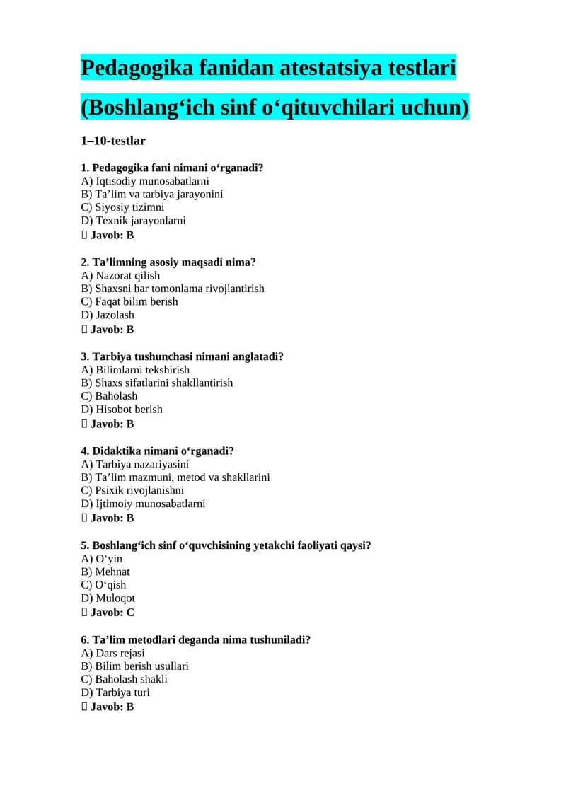 Pedagogika boshlangʻich sinf atestatsiya testlari