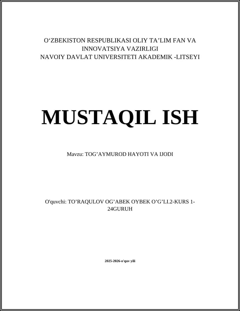 TOG’AYMUROD HAYOTI VA IJODI