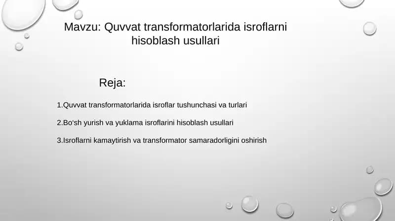 Quvvat transformatorlarida isroflarni hisoblash usullari