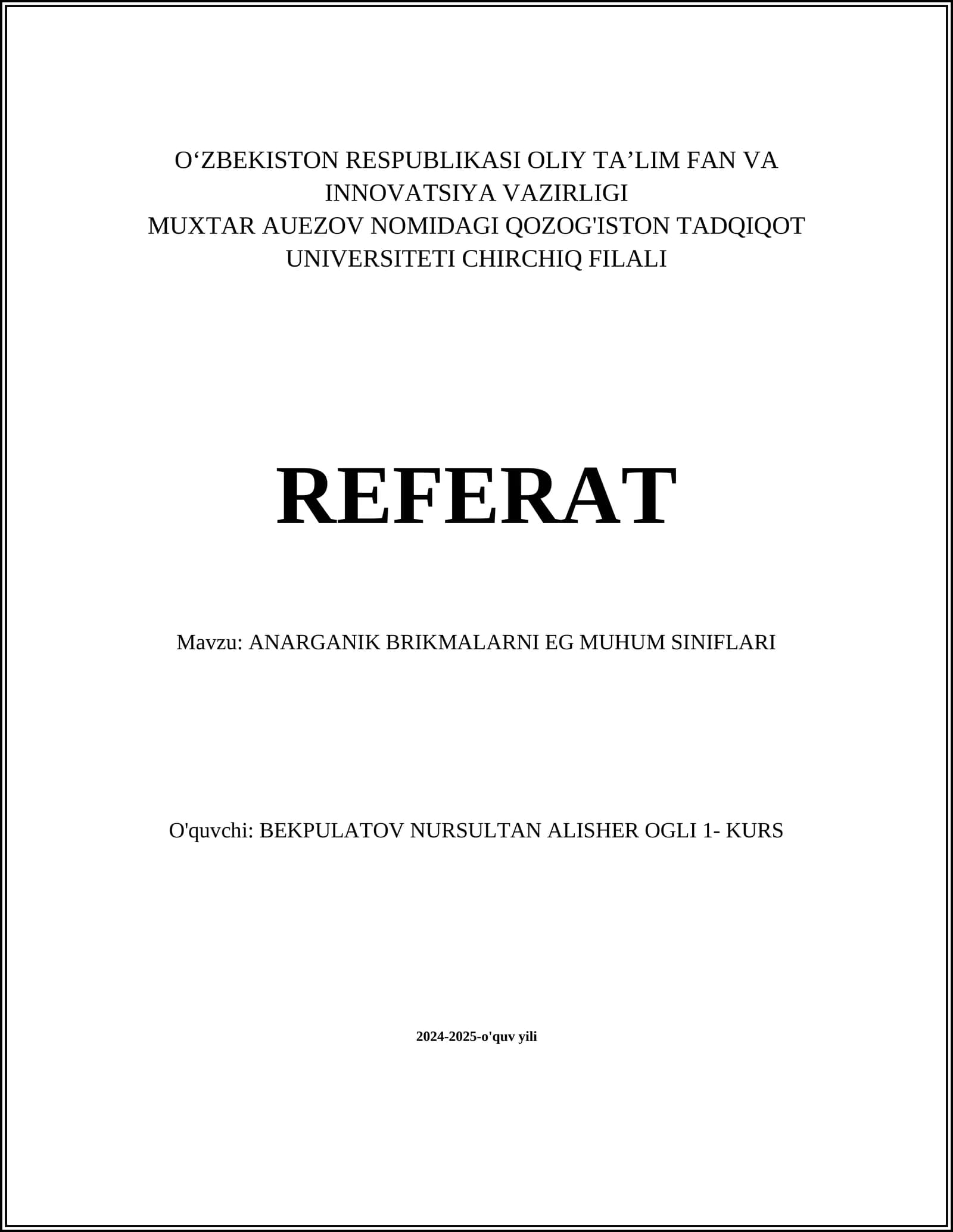 ANORGANIK BRIKMALARNI EG MUHUM SINIFLARI