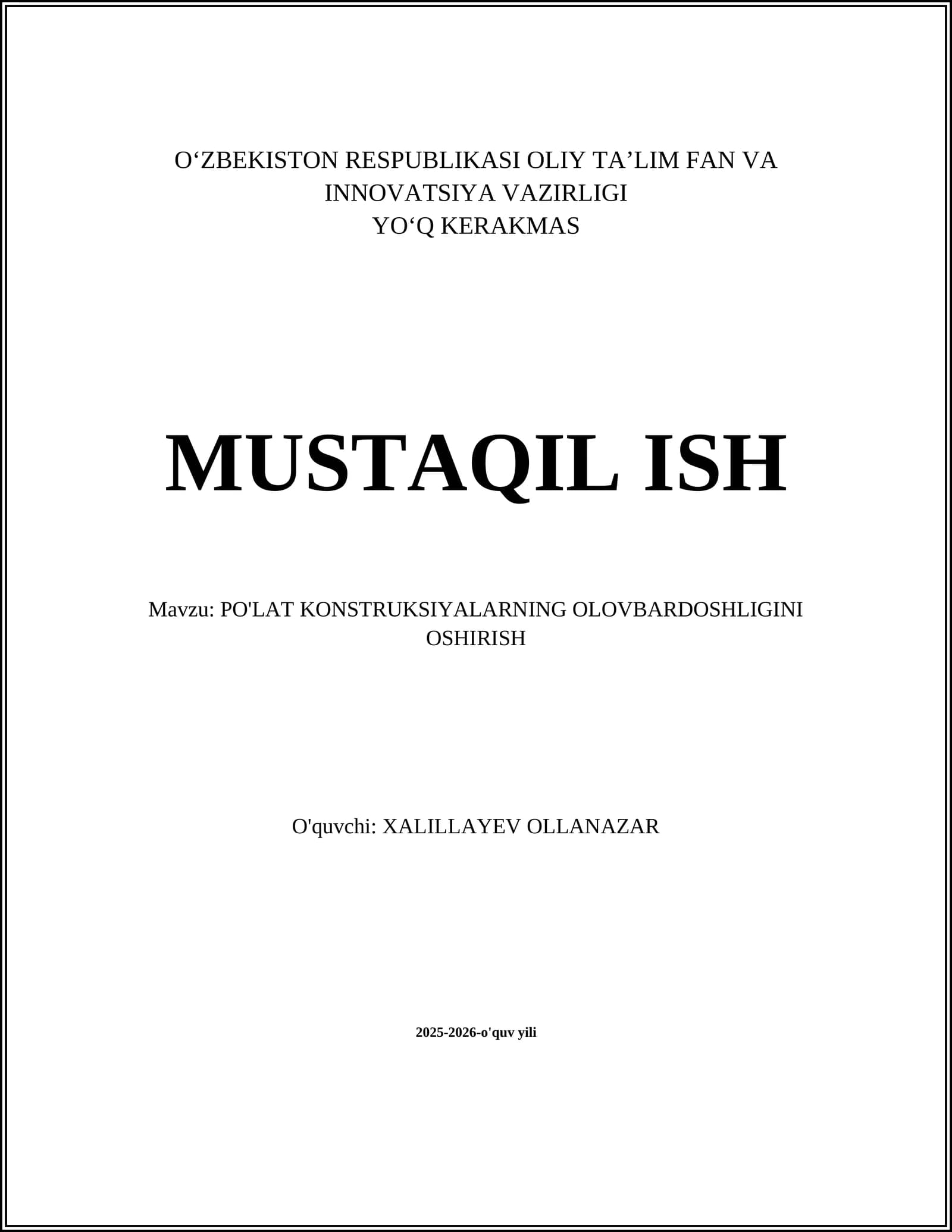 PO'LAT KONSTRUKSIYALARNING OLOVBARDOSHLIGINI OSHIRISH