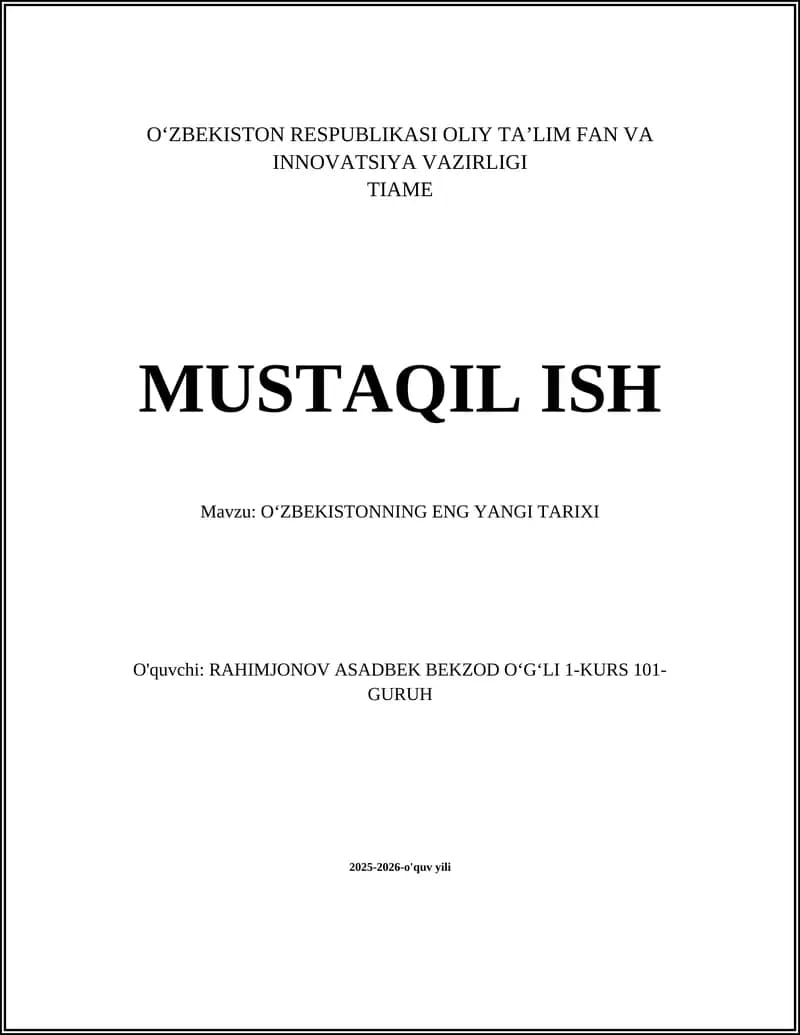 O’zbekistonning Eng Yangi Tarixi