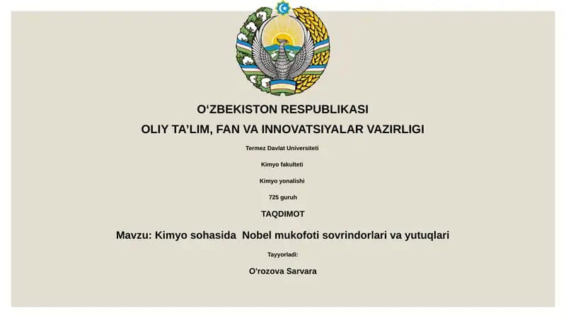 Kimyo sohasida Nobel mukofoti sovrindorlari va yutuqlari