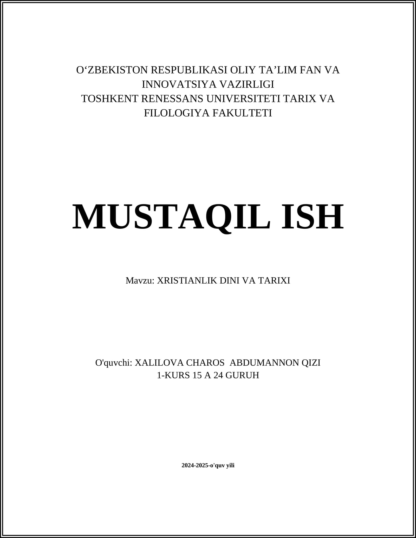XRISTIANLIK DINI VA TARIXI