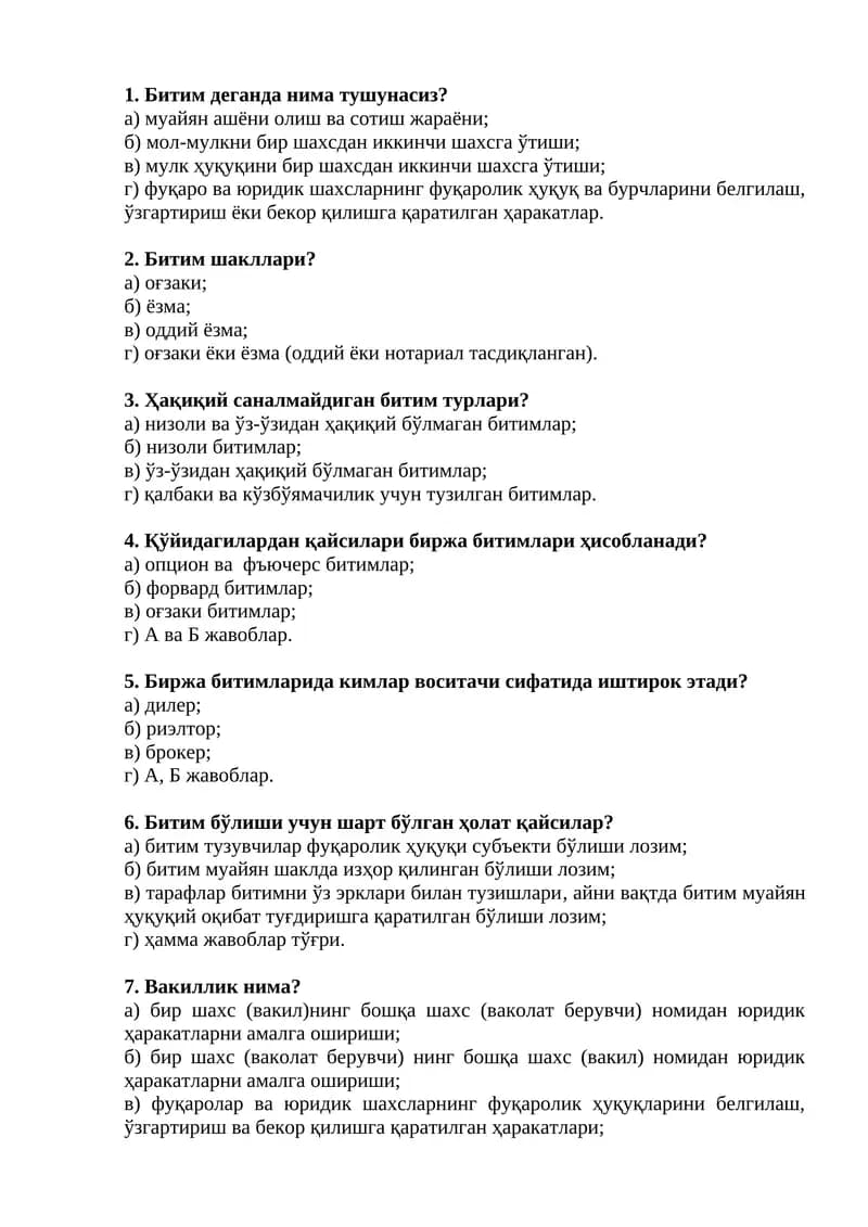 Fuqarolik huquqi testlar