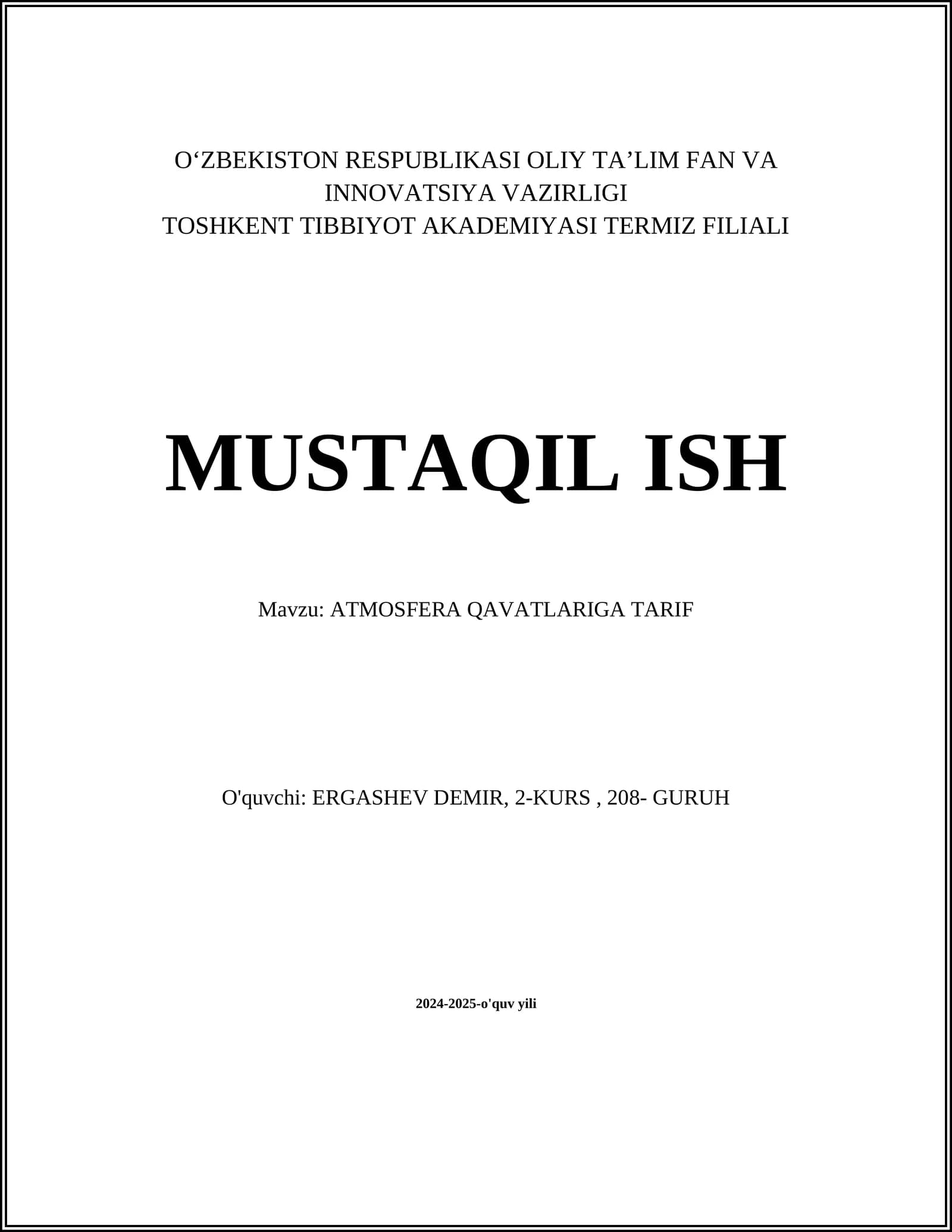 ATMOSFERA QAVATLARIGA TARIF