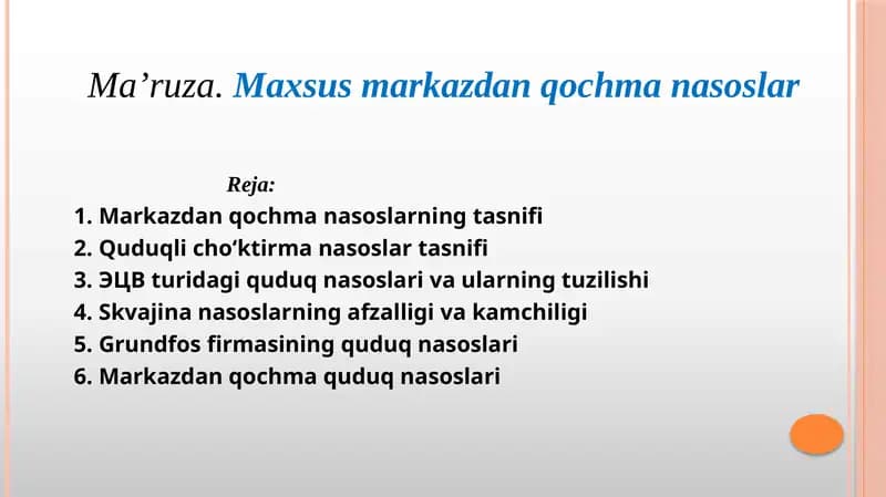 Markazdanqochmanasoslarning tasnifi