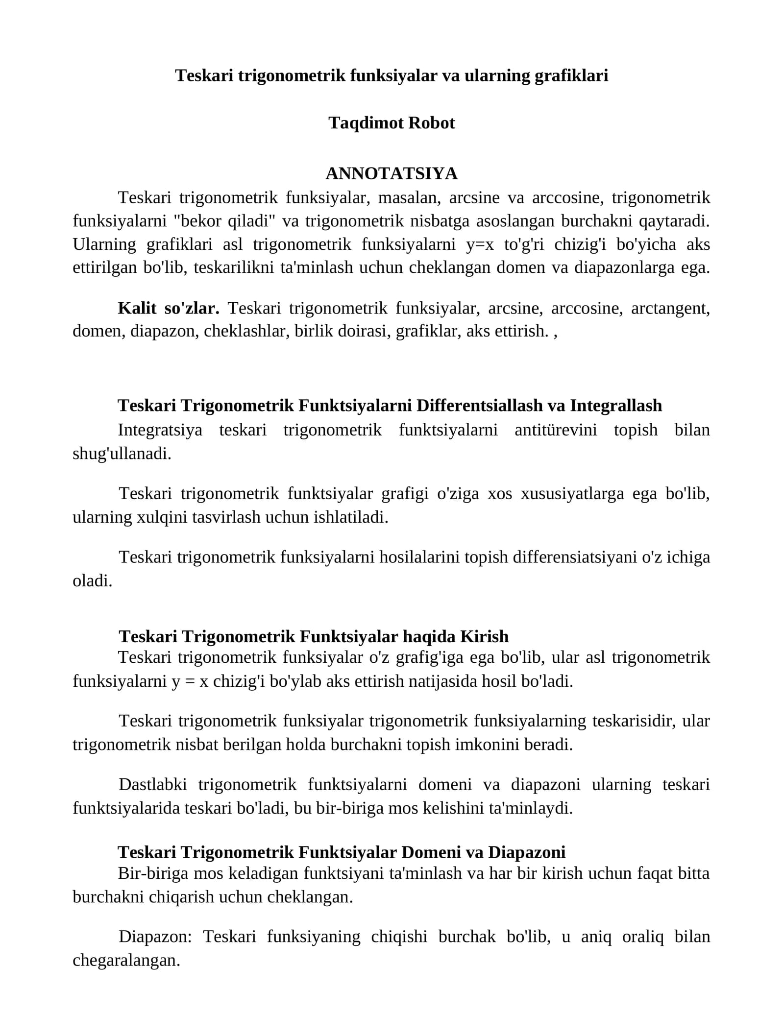 Teskari trigonometrik funksiyalar va ularning grafiklari