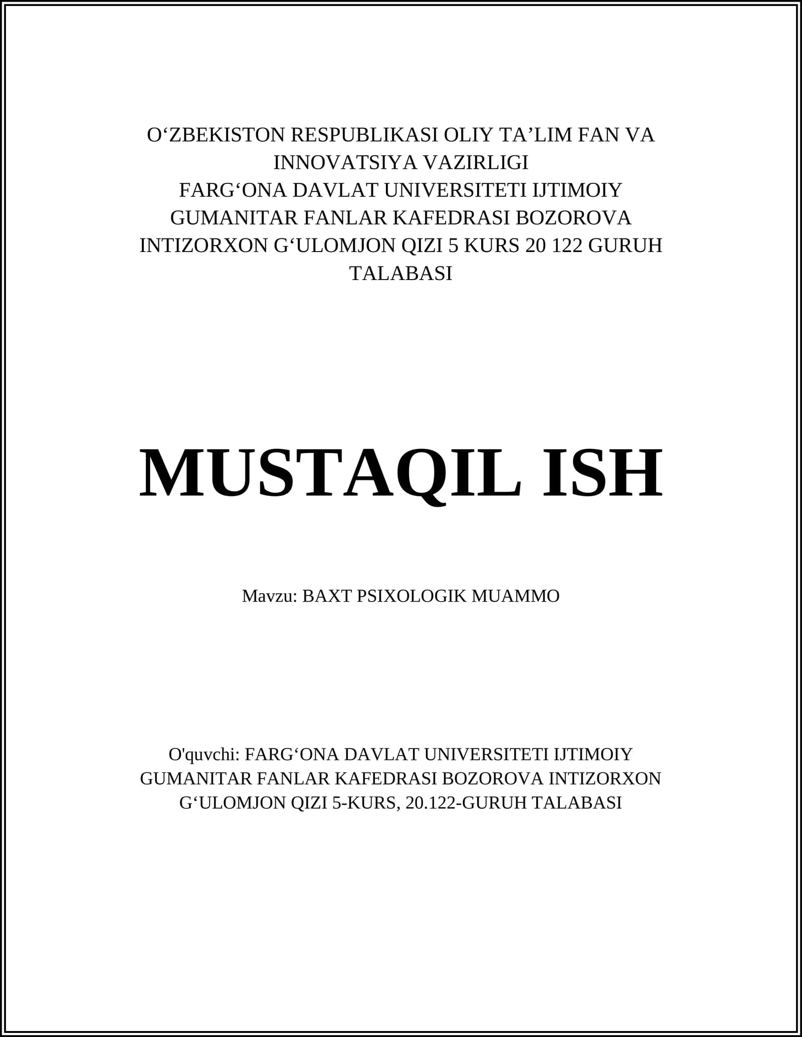 BAXT PSIXOLOGIK MUAMMO