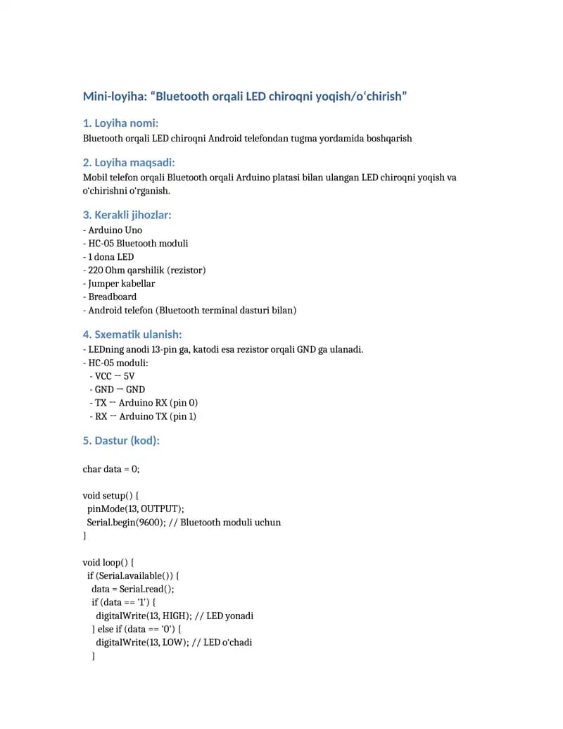 Bluetooth orqali LED chiroqni Android telefondan tugma yordamida boshqarish