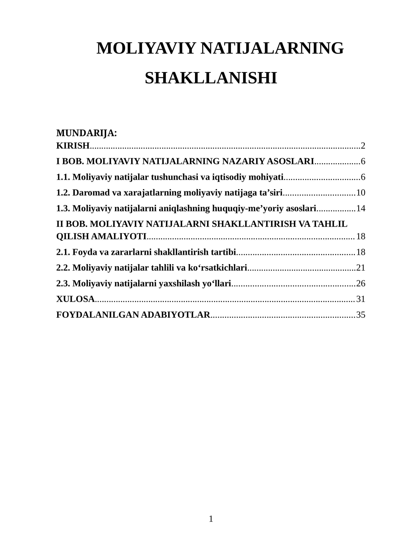 MOLIYAVIY NATIJALARNING SHAKLLANISHI