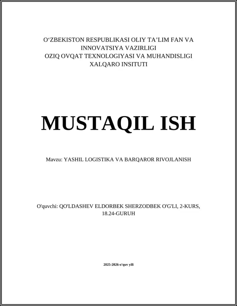 YASHIL LOGISTIKA VA BARQAROR RIVOJLANISH