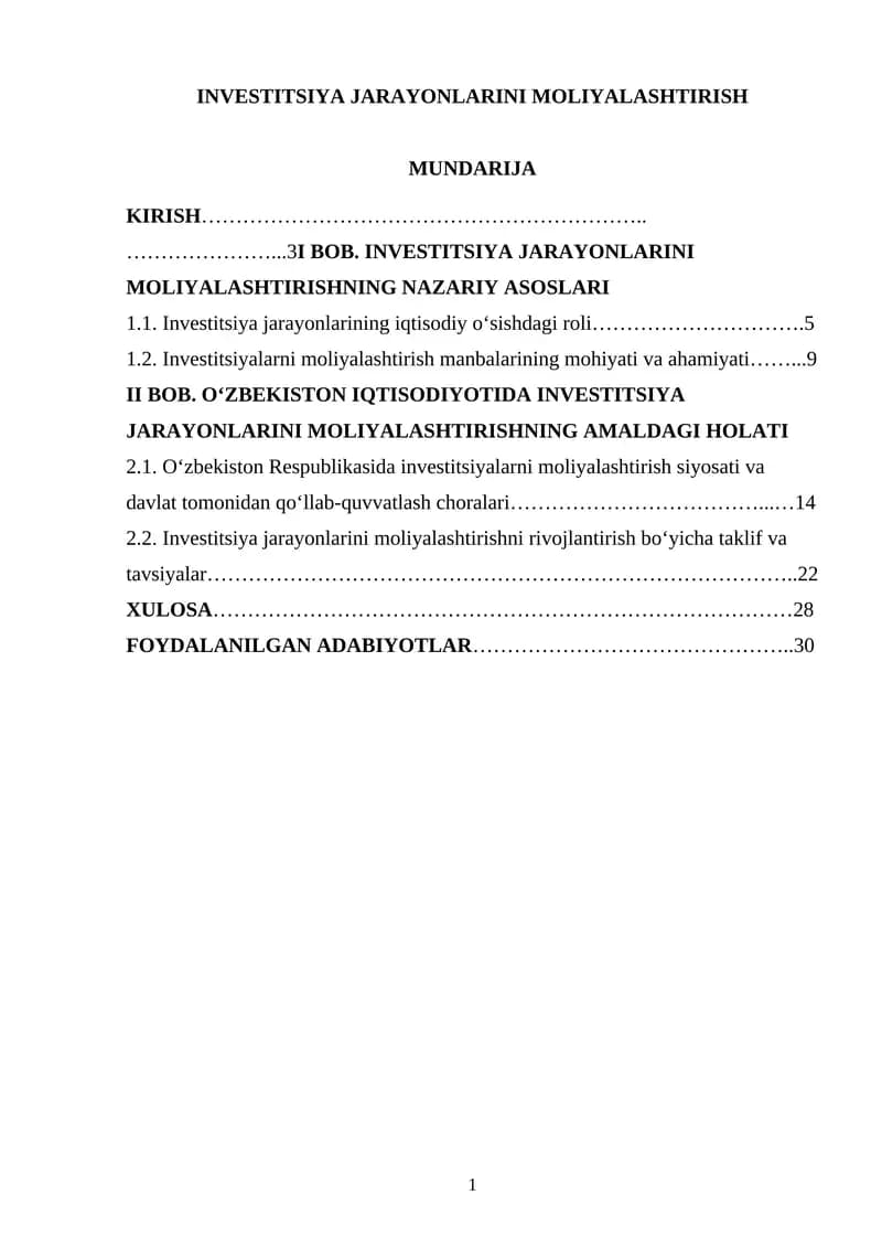 Investitsiya jarayonlarini moliyalashtirish