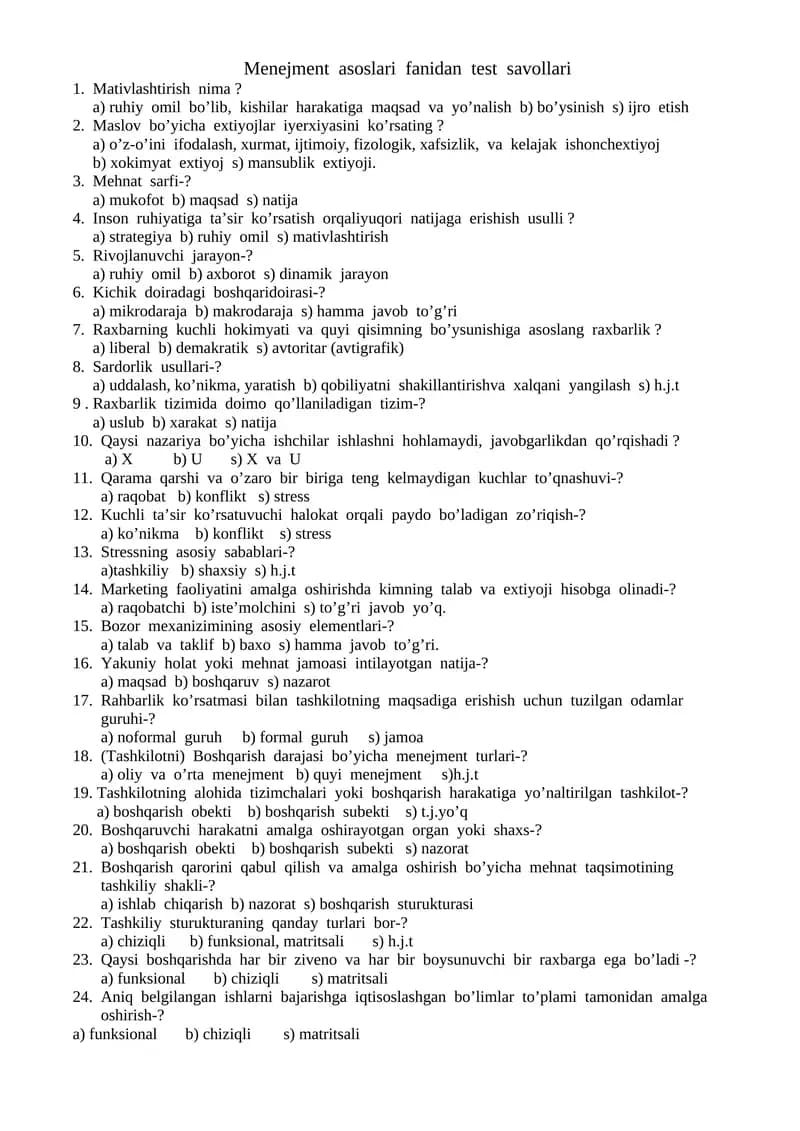 Menejment asoslari fanidan test savollari