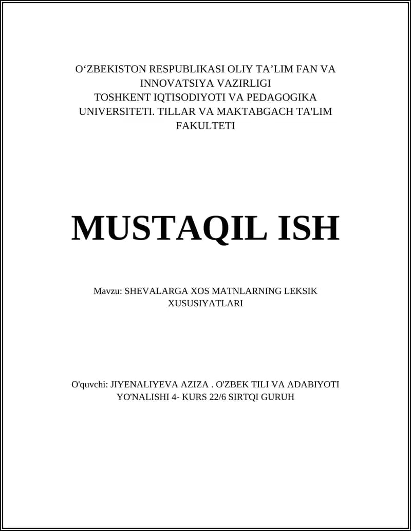 SHEVALARGA XOS MATNLARNING LEKSIK XUSUSIYATLARI