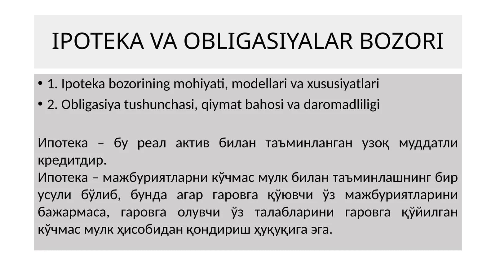 IPOTEKA VA OBLIGASIYALAR BOZORI