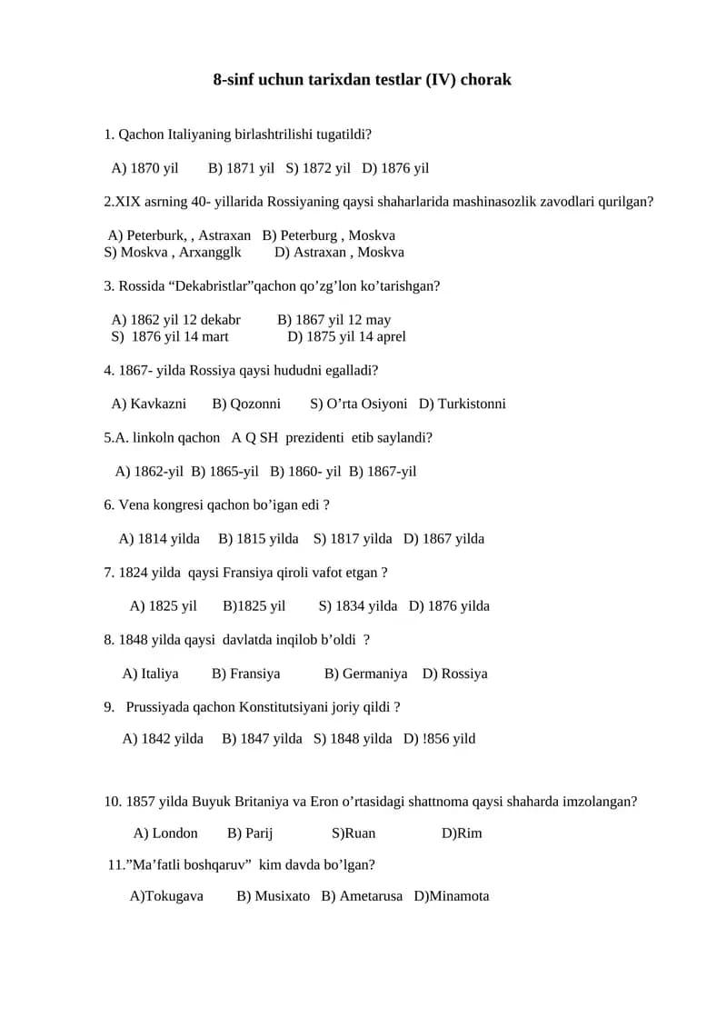 8-sinf uchun tarixdan testlar (IV) chorak