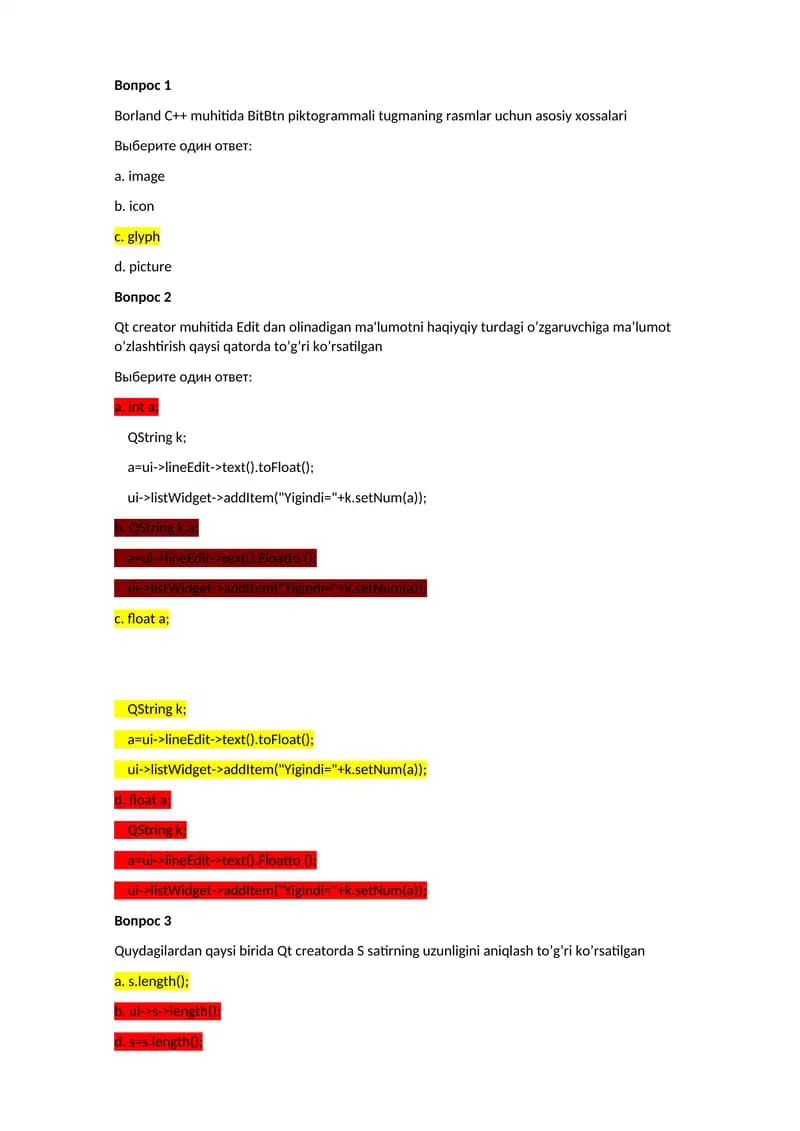 Borland C++ va Qt creator muhitida dasturlash bo'yicha savollar