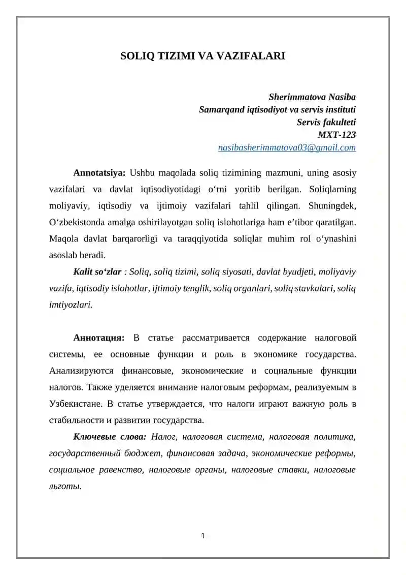 SOLIQ TIZIMI VA VAZIFALARI