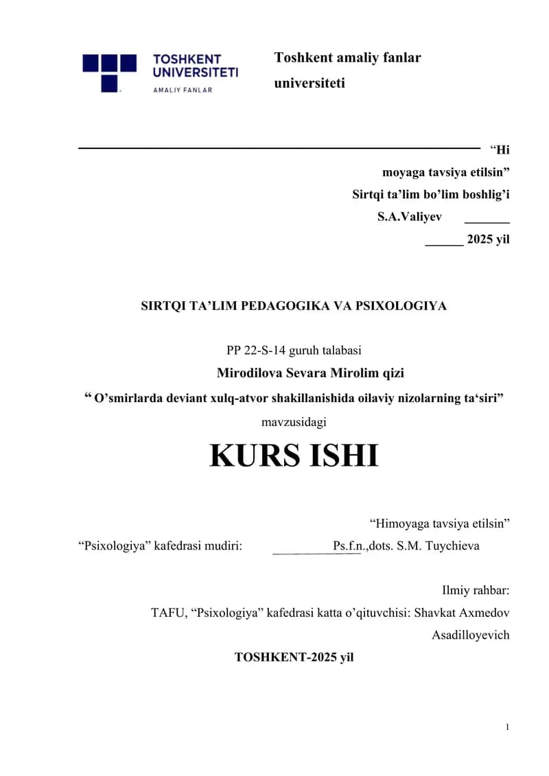 O’smirlarda deviant xulq-atvor shakillanishida oilaviy nizolarning ta‘siri