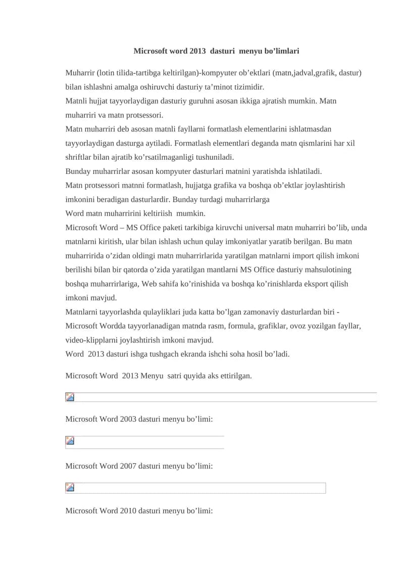 Microsoft Word 2013 dasturi menyu bo’limlari