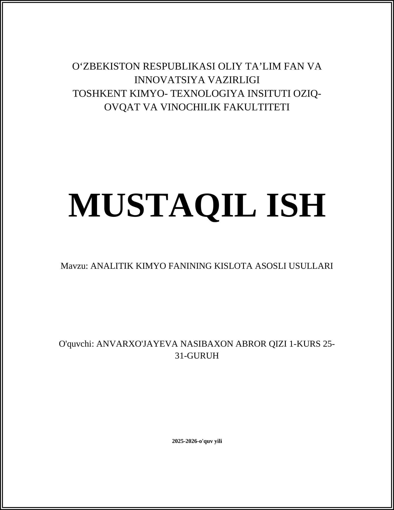 ANALITIK KIMYO FANINING KISLOTA ASOSLI USULLARI