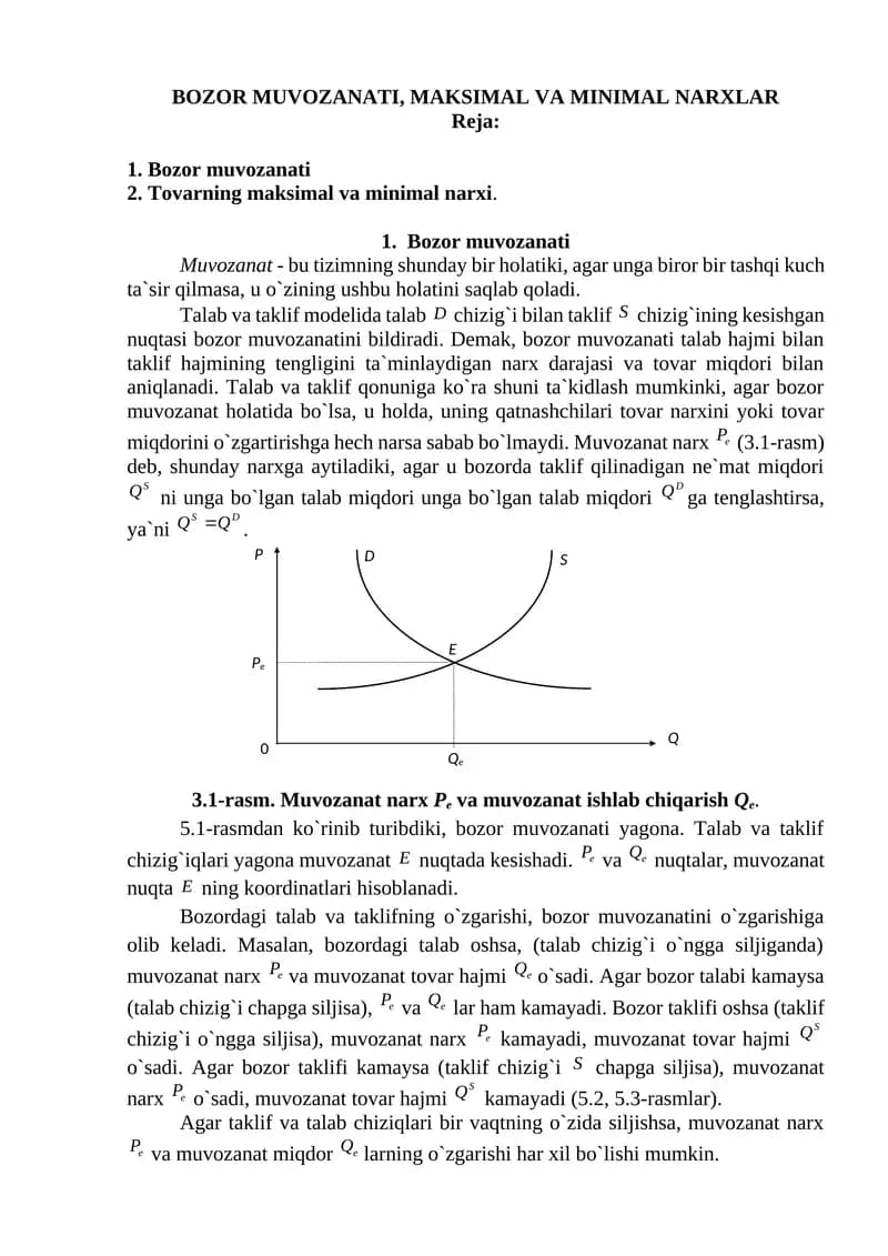 BOZOR MUVOZANATI, MAKSIMAL VA MINIMAL NARXLAR