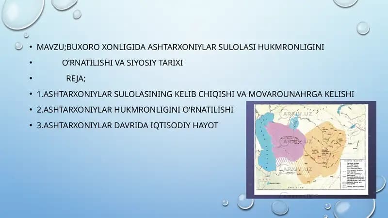 BUXORO XONLIGIDA ASHTARXONIYLAR SULOLASI HUKMRONLIGINI  O’RNATILISHI VA SIYOSIY TARIXI