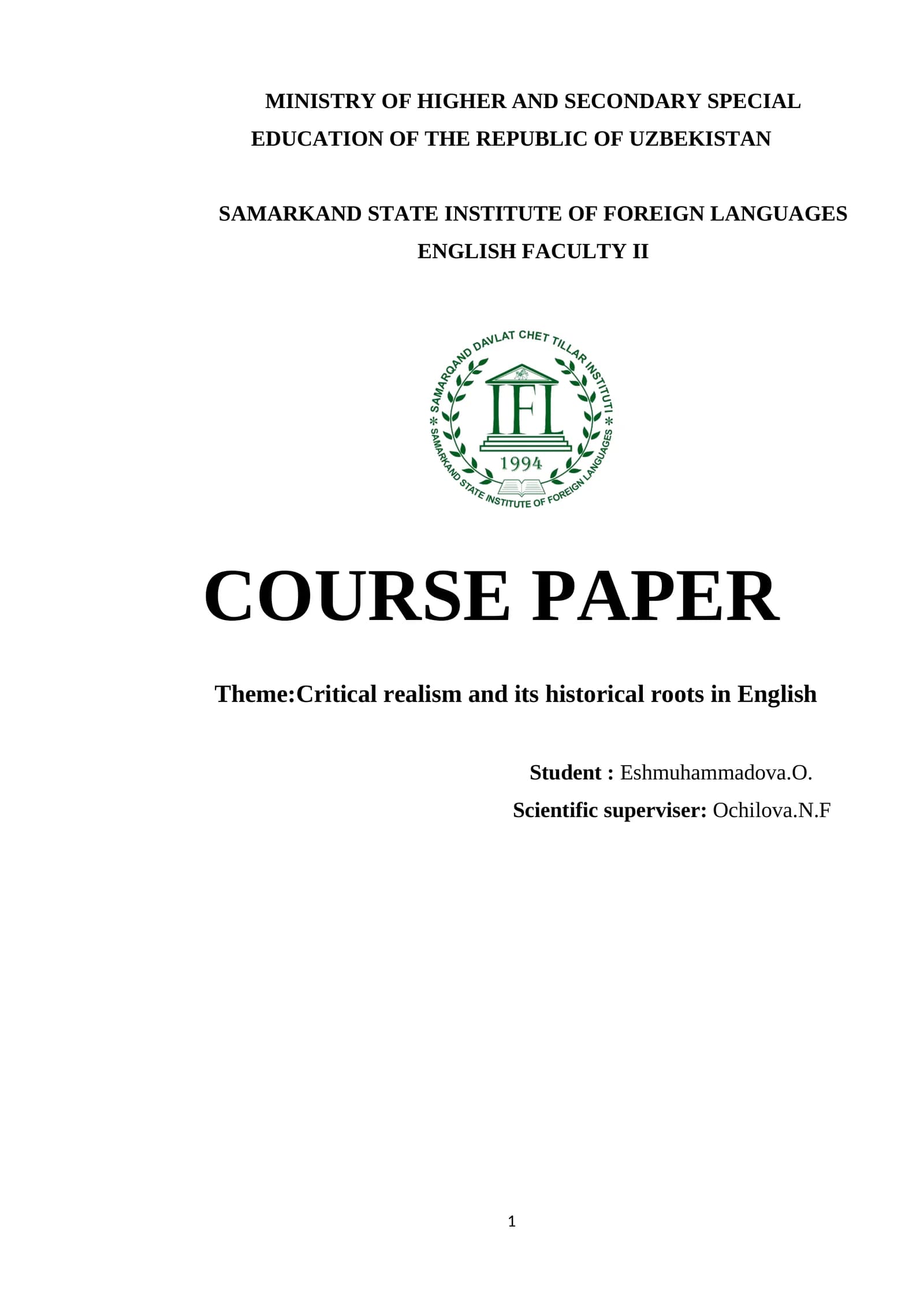 Course Paper on Critical Realism