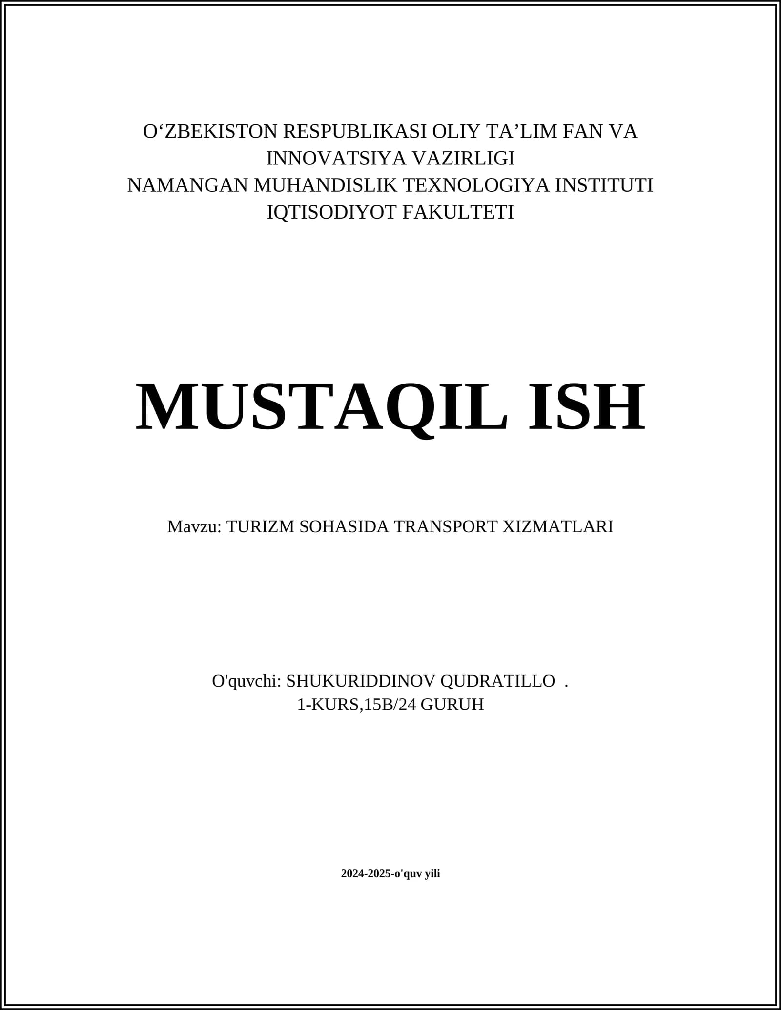 TURIZM SOHASIDA TRANSPORT XIZMATLARI