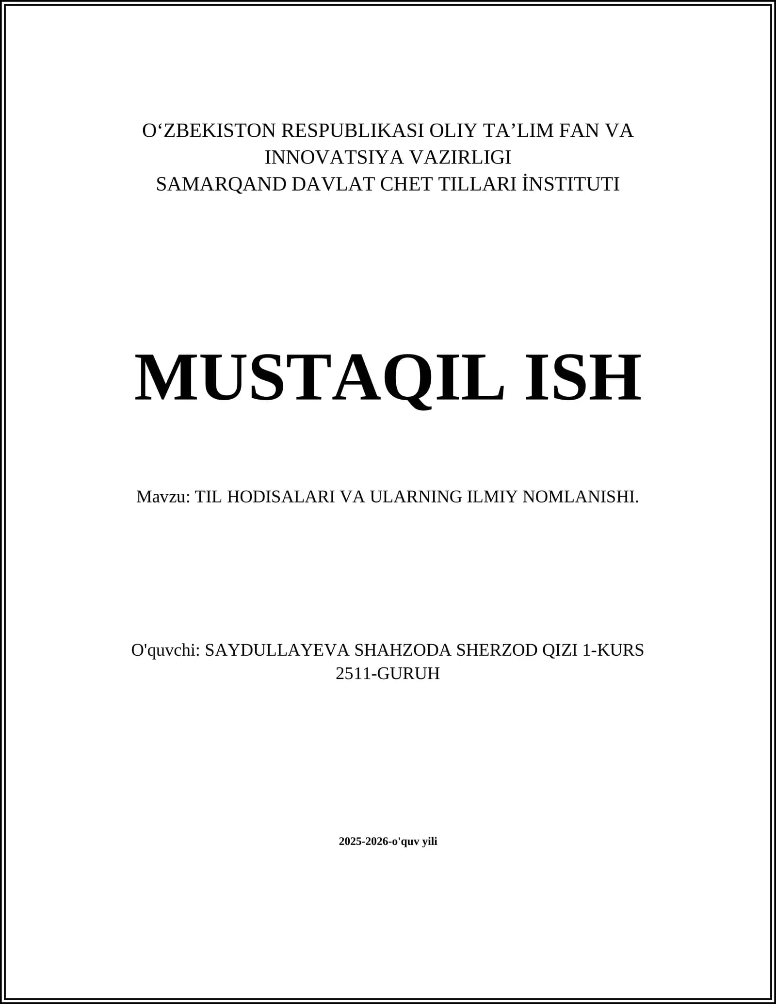 TIL HODISALARI VA ULARNING ILMIY NOMLANISHI