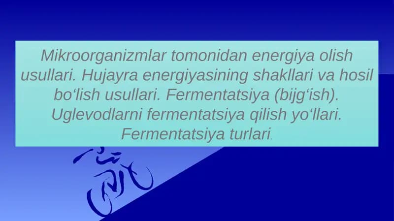 Mikroorganizmlar tomonidan energiya olish usullari. Hujayra energiyasining shakllari va hosil bo‘lish usullari. Fermentatsiya (bijg‘ish). Uglevodlarni fermentatsiya qilish yo‘llari. Fermentatsiya turlari