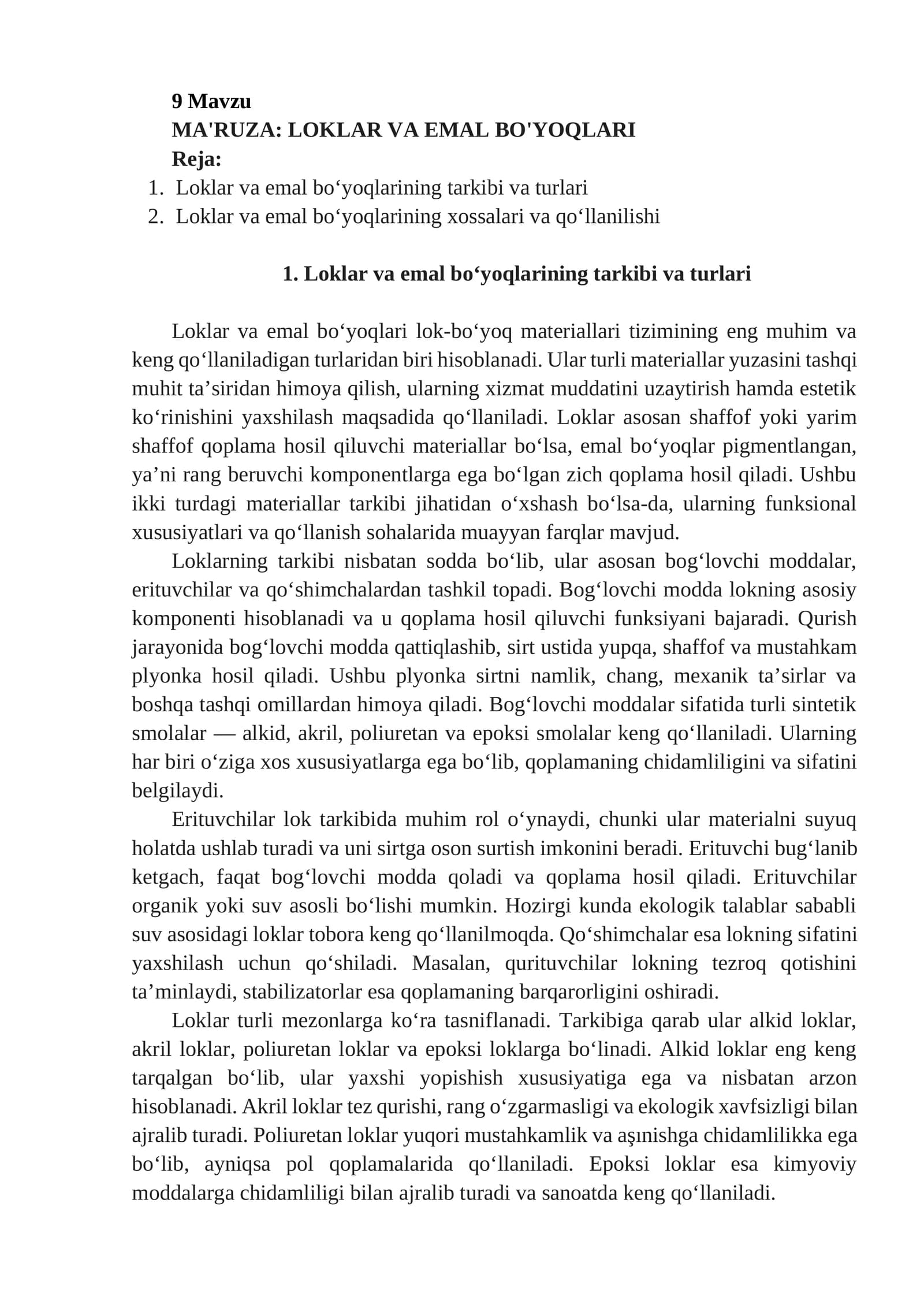 LOKLAR VA EMAL BO'YOQLARI